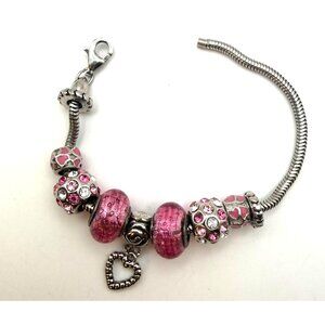 Sterling Silver 925 Charm Bracelet Pink Glass Beads Broken Clasp Repair